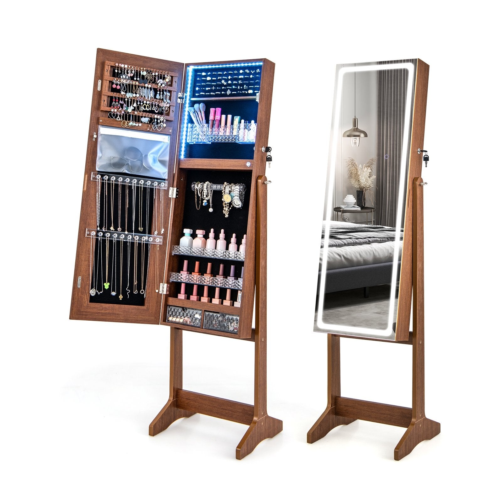 Lockable Jewelry Armoire Standing Cabinet with Lighted Full-Length Mirror, Walnut Jewelry Armoires   at Gallery Canada