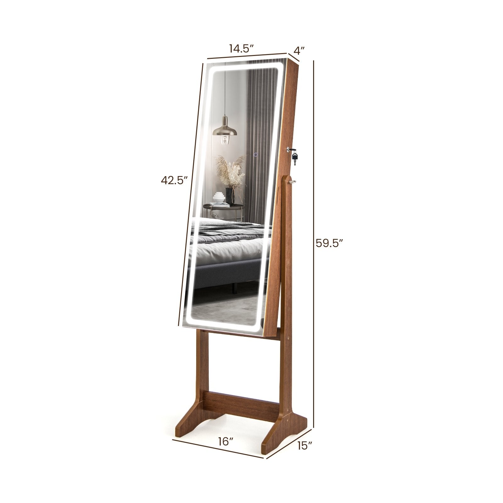 Lockable Jewelry Armoire Standing Cabinet with Lighted Full-Length Mirror, Walnut Jewelry Armoires   at Gallery Canada