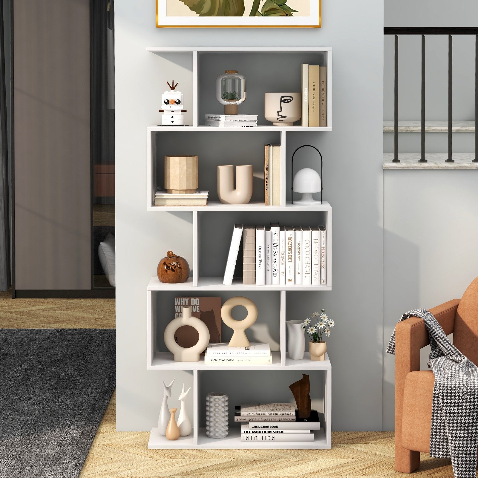 5-Tier Bookshelf with Anti-Toppling Device for Living Room Home Office, White Bookcases   at Gallery Canada