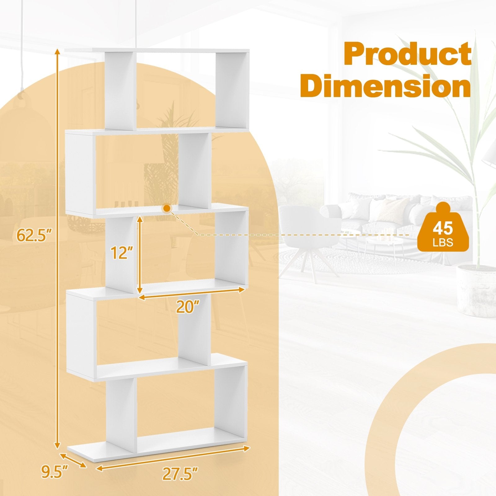 5-Tier Bookshelf with Anti-Toppling Device for Living Room Home Office, White Bookcases   at Gallery Canada