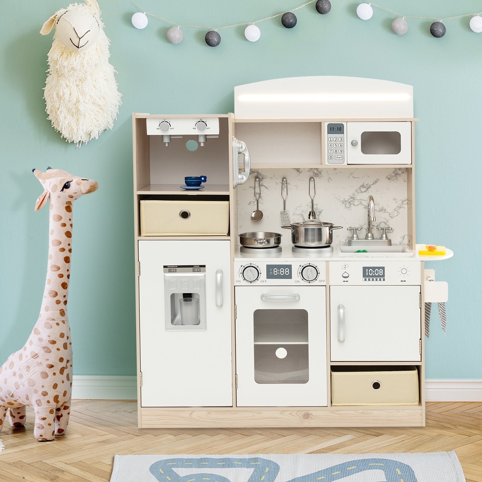 Kids Kitchen Playset with Adjustable LED Lights Removable Fabric Bins, White Play Kitchen Sets   at Gallery Canada