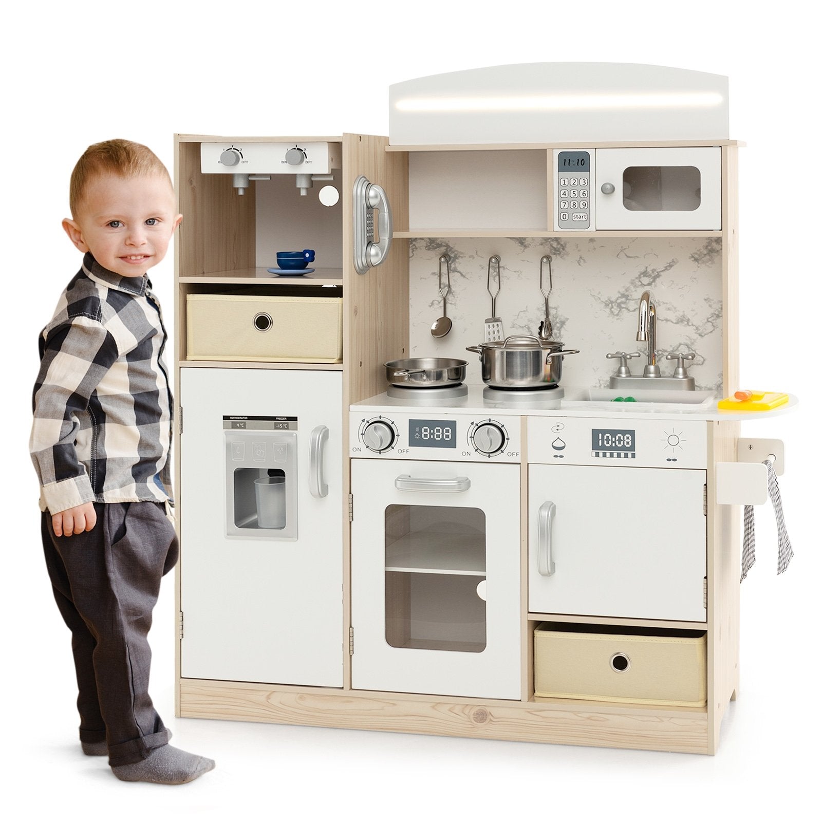 Kids Kitchen Playset with Adjustable LED Lights Removable Fabric Bins, White Play Kitchen Sets   at Gallery Canada