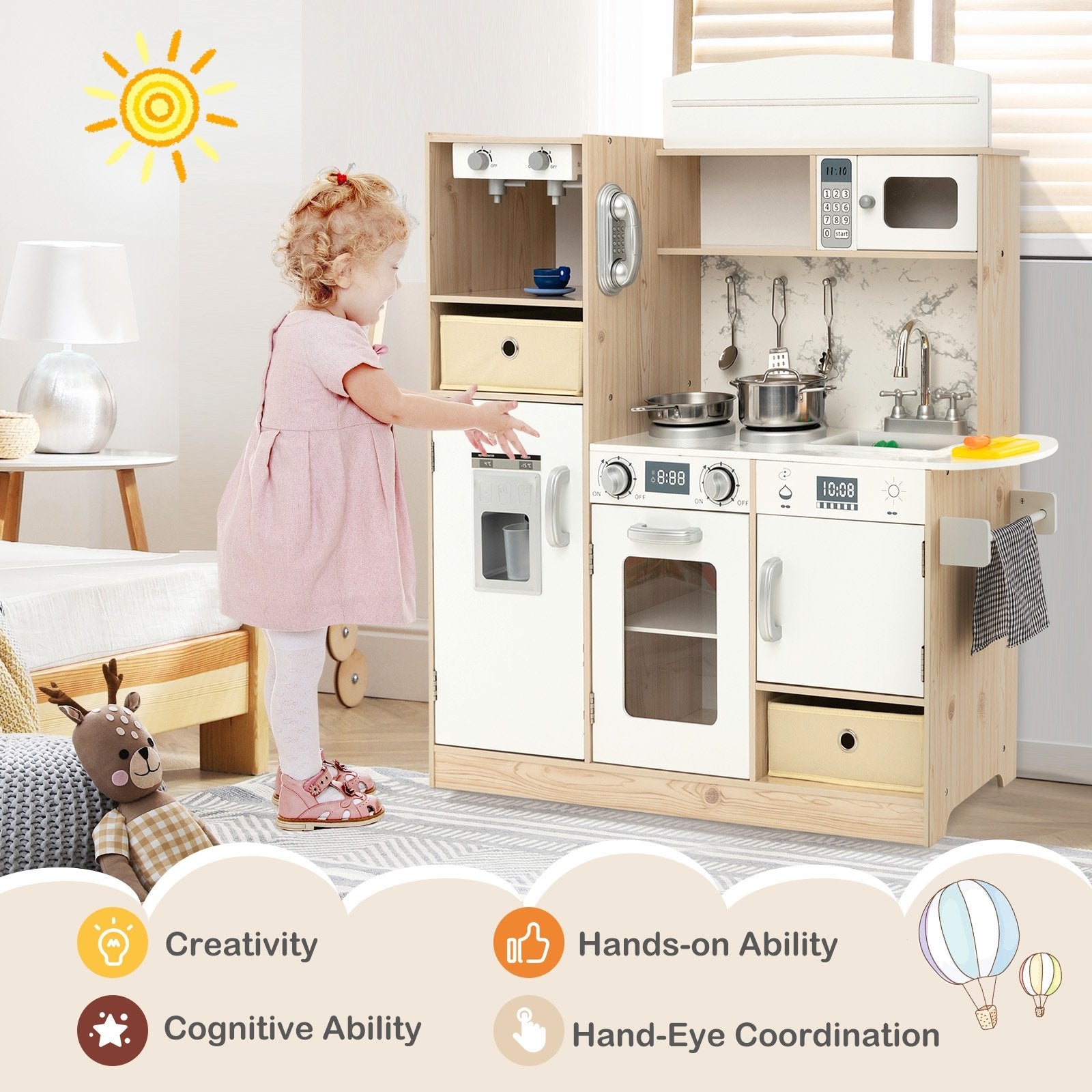 Kids Kitchen Playset with Adjustable LED Lights Removable Fabric Bins, White Play Kitchen Sets   at Gallery Canada