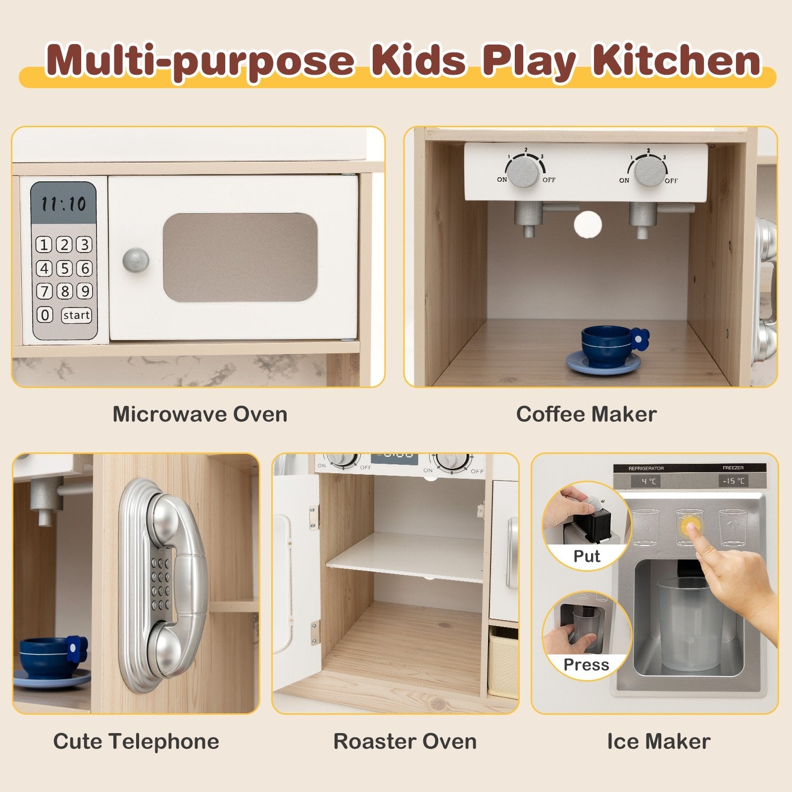 Kids Kitchen Playset with Adjustable LED Lights Removable Fabric Bins, White Play Kitchen Sets   at Gallery Canada