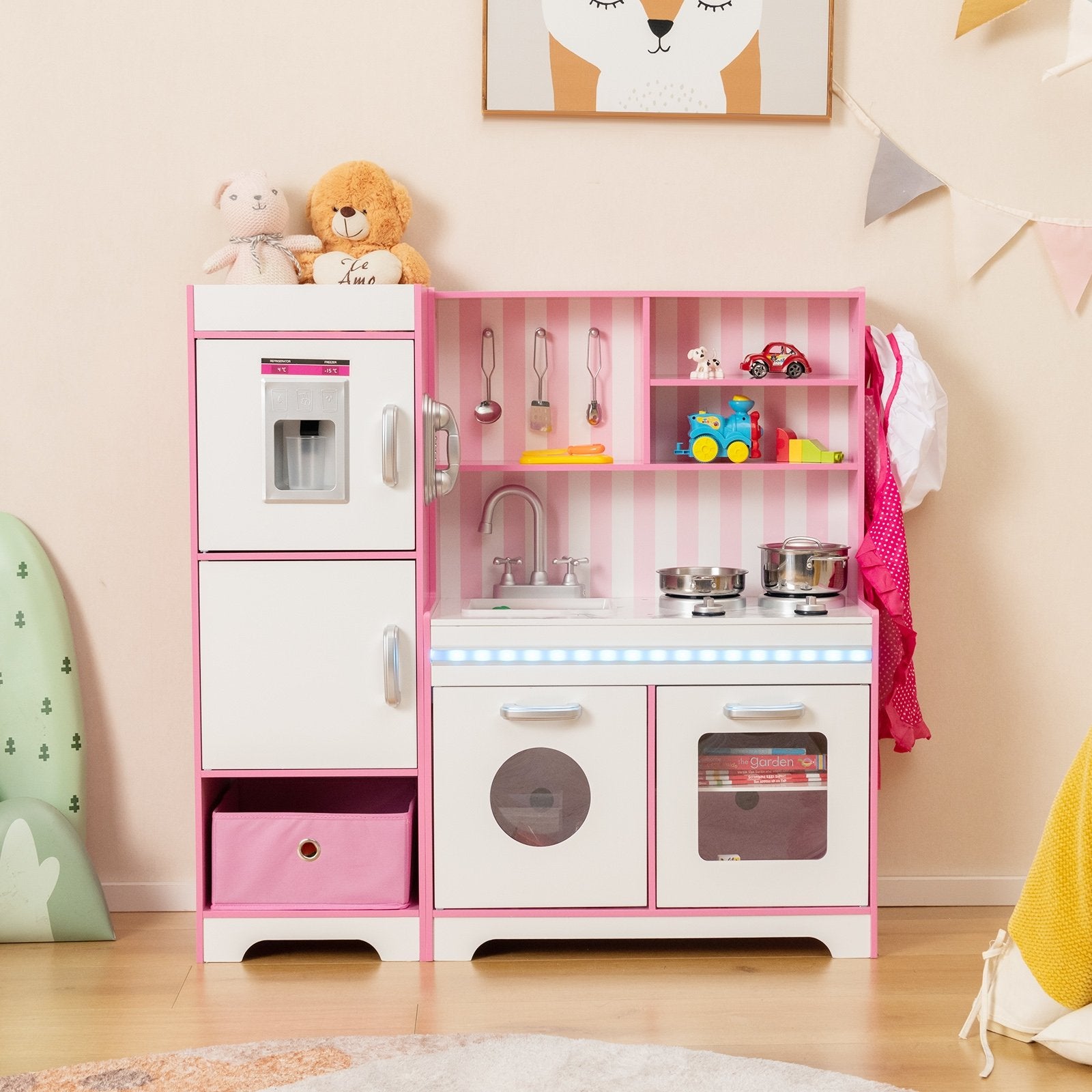 Kids Kitchen Playset Wooden Toy with Adjustable LED Lights and Washing Machine, Pink Play Kitchen Sets   at Gallery Canada