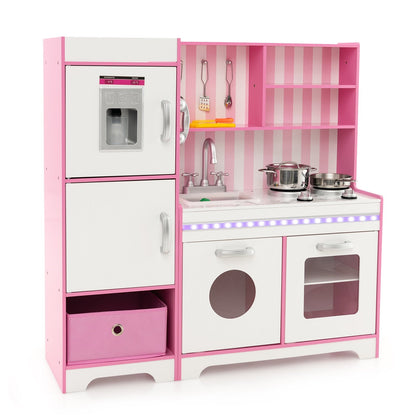 Kids Kitchen Playset Wooden Toy with Adjustable LED Lights and Washing Machine, Pink Play Kitchen Sets   at Gallery Canada