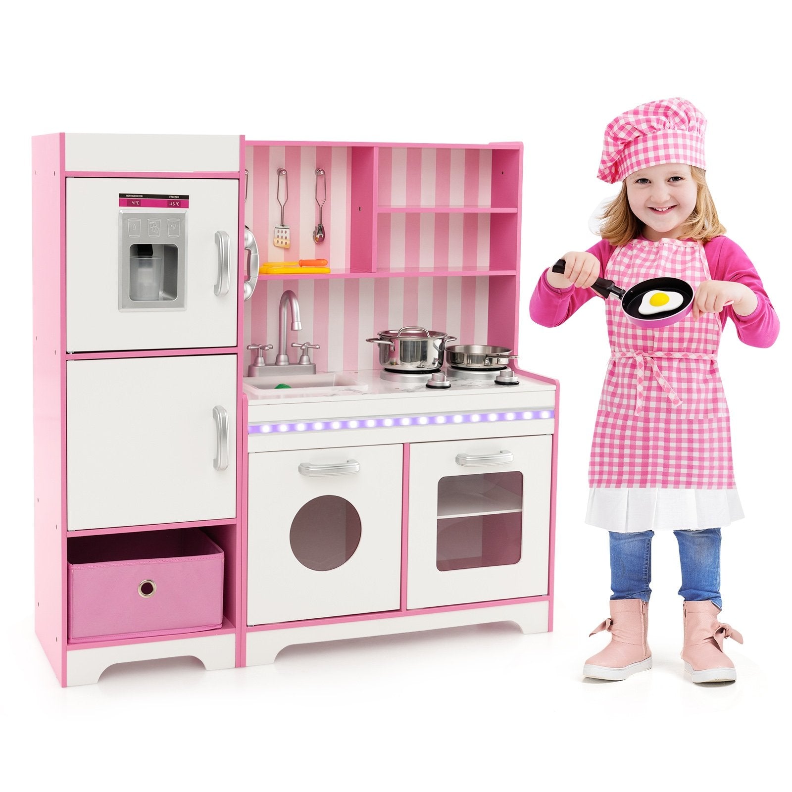 Kids Kitchen Playset Wooden Toy with Adjustable LED Lights and Washing Machine, Pink Play Kitchen Sets   at Gallery Canada