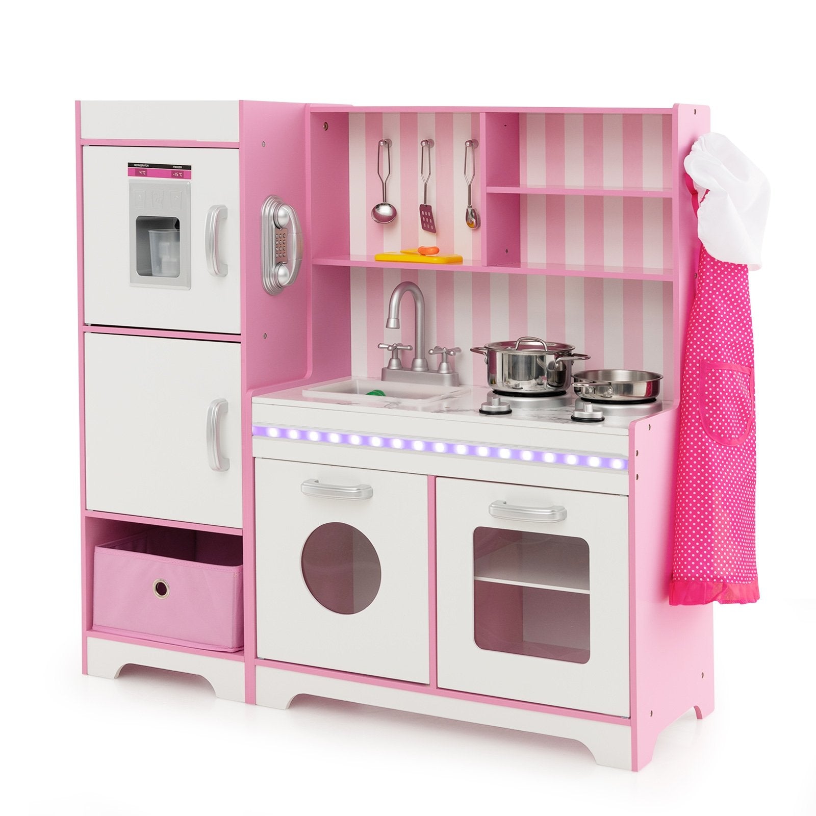 Kids Kitchen Playset Wooden Toy with Adjustable LED Lights and Washing Machine, Pink Play Kitchen Sets   at Gallery Canada