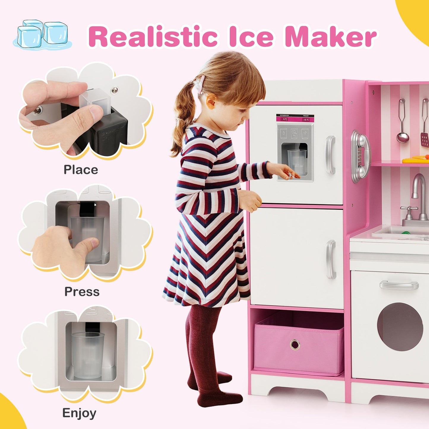 Kids Kitchen Playset Wooden Toy with Adjustable LED Lights and Washing Machine, Pink Play Kitchen Sets   at Gallery Canada