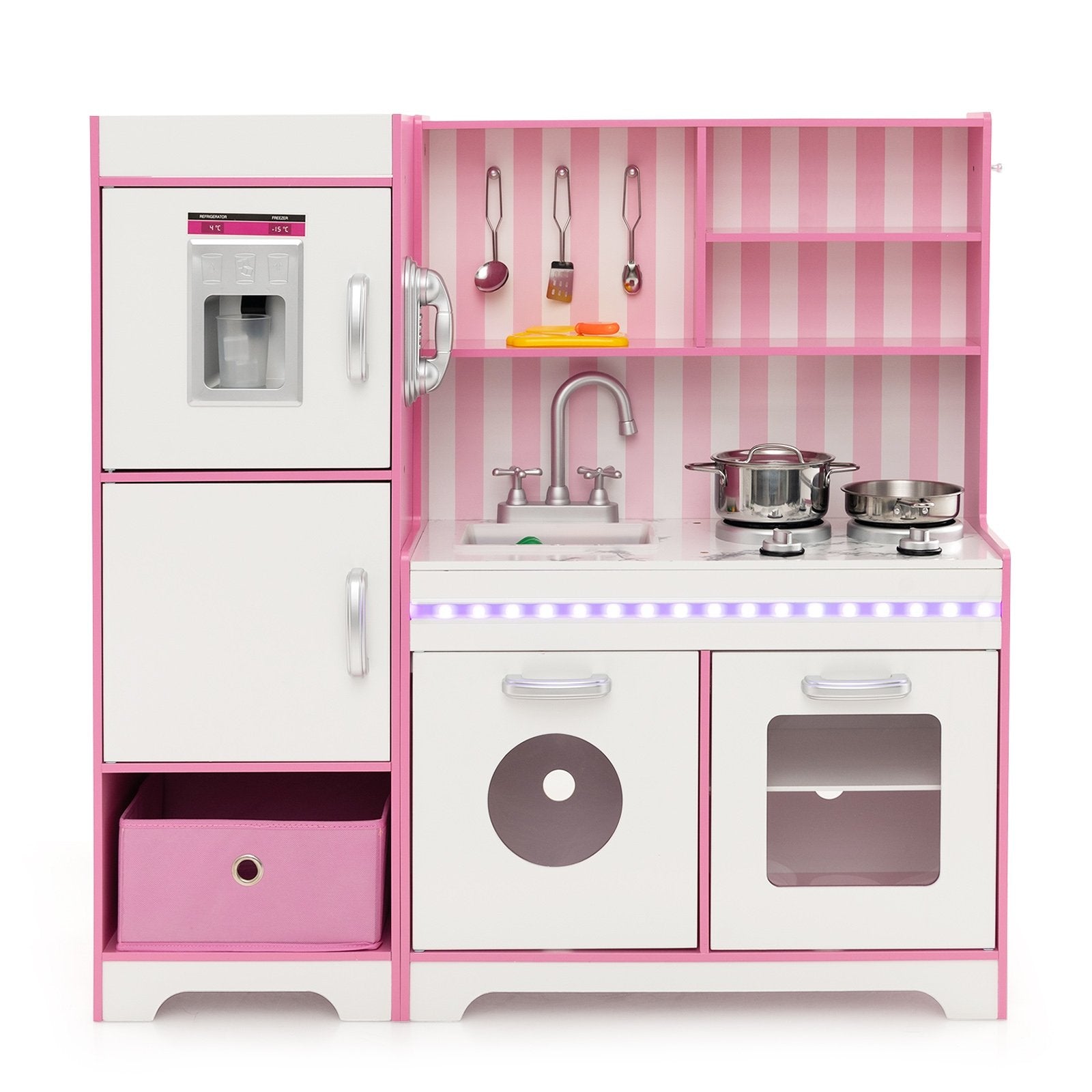 Kids Kitchen Playset Wooden Toy with Adjustable LED Lights and Washing Machine, Pink Play Kitchen Sets   at Gallery Canada