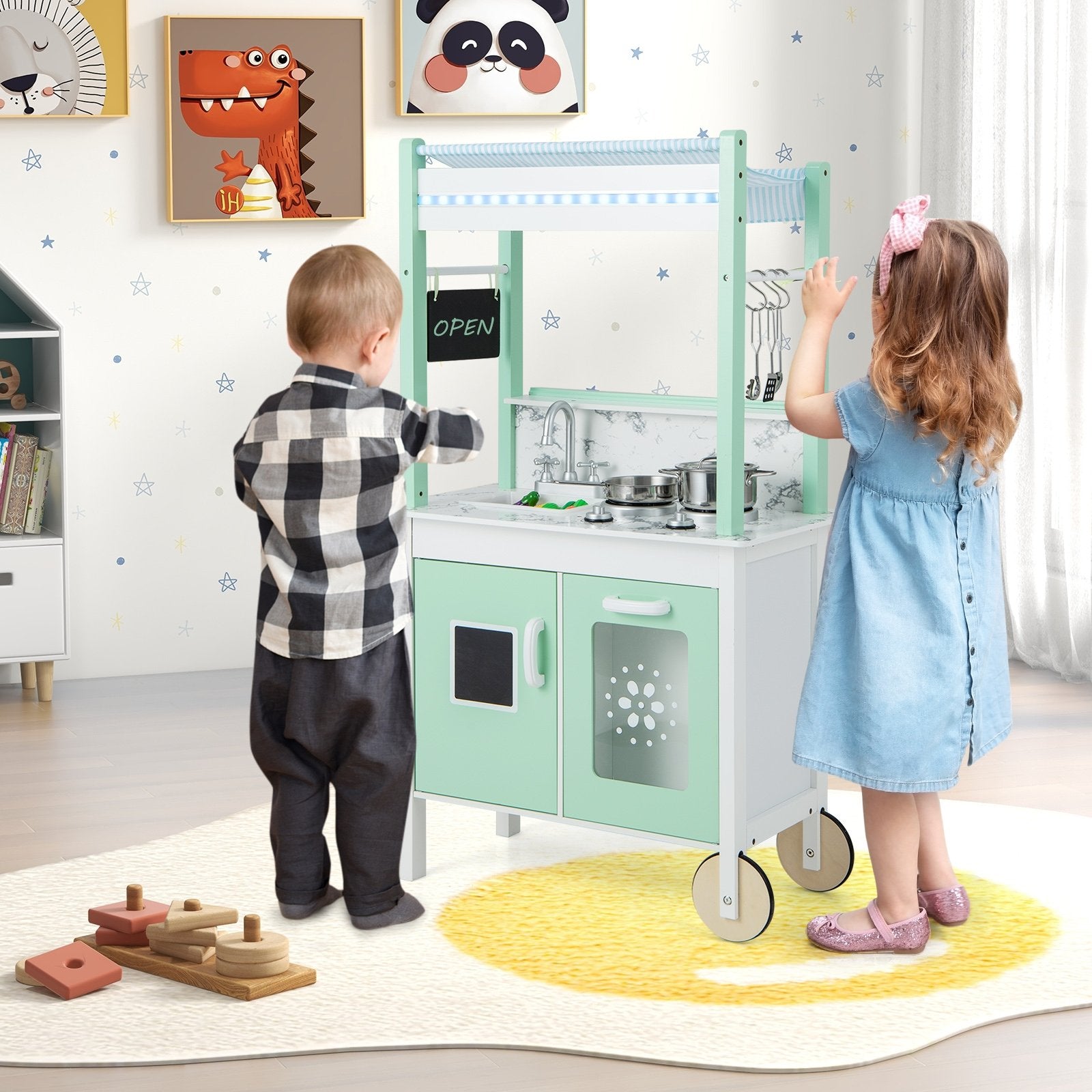 Double-sided Pretend Play Kitchen with Remote Control and LED Light Bars, Green Play Kitchen Sets   at Gallery Canada