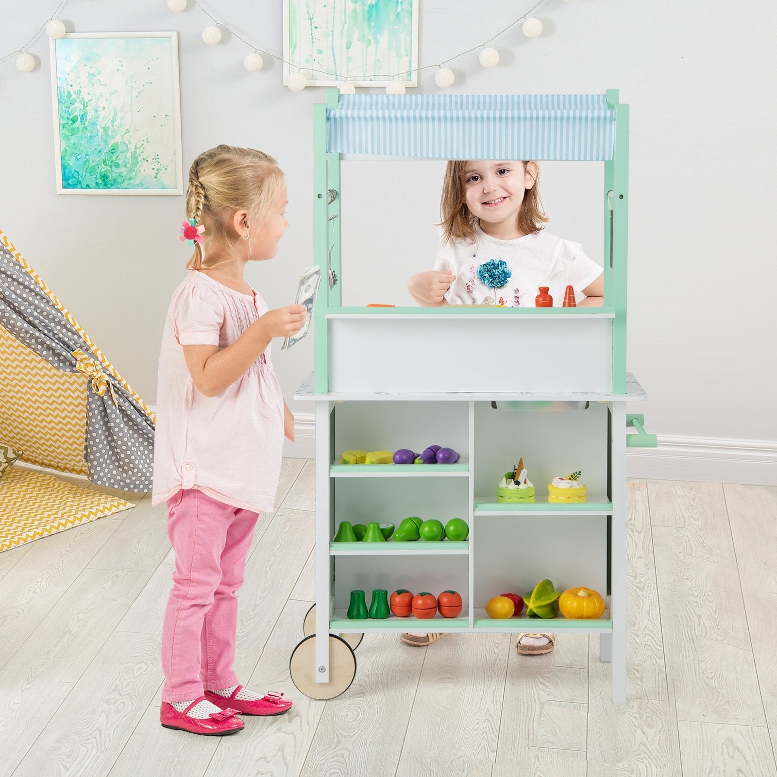 Double-sided Pretend Play Kitchen with Remote Control and LED Light Bars, Green Play Kitchen Sets   at Gallery Canada