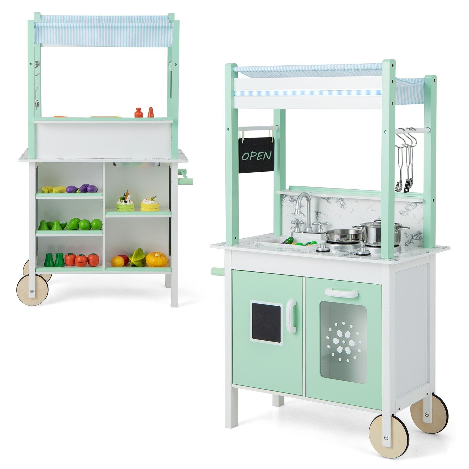 Double-sided Pretend Play Kitchen with Remote Control and LED Light Bars, Green Play Kitchen Sets   at Gallery Canada