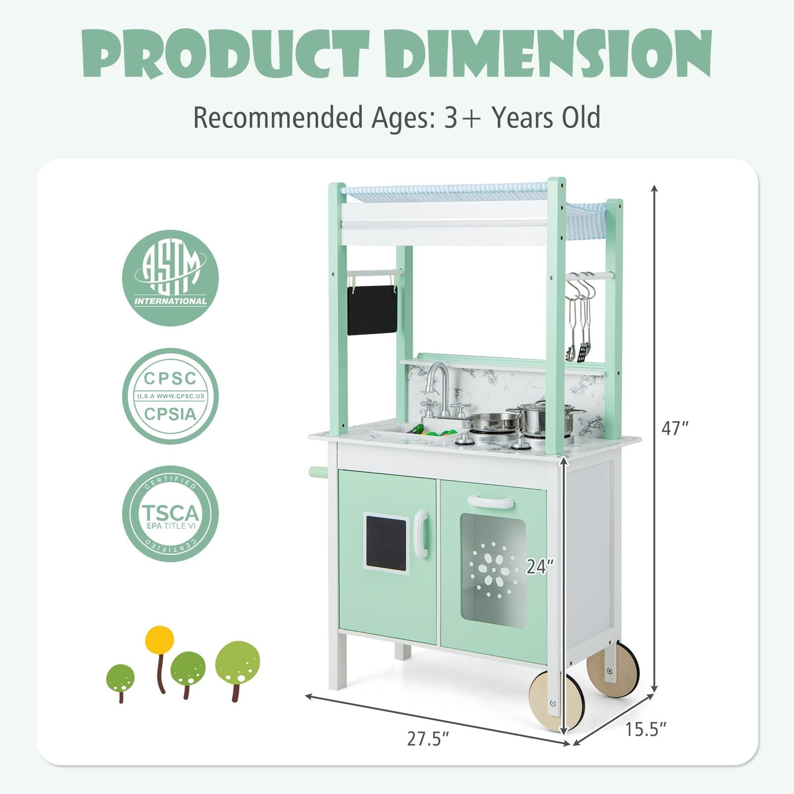 Double-sided Pretend Play Kitchen with Remote Control and LED Light Bars, Green Play Kitchen Sets   at Gallery Canada