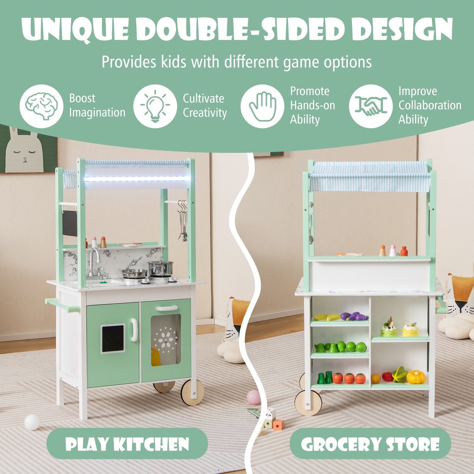 Double-sided Pretend Play Kitchen with Remote Control and LED Light Bars, Green Play Kitchen Sets   at Gallery Canada