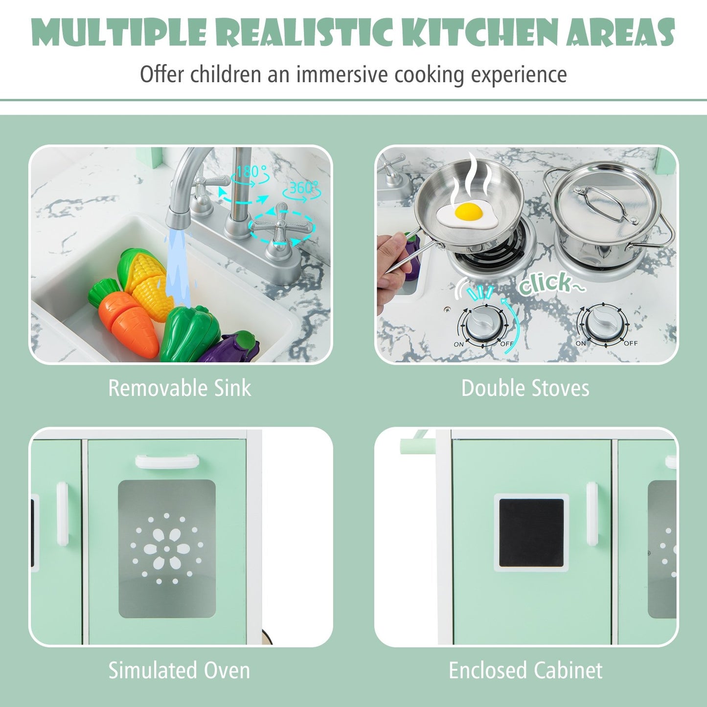 Double-sided Pretend Play Kitchen with Remote Control and LED Light Bars, Green - Gallery Canada