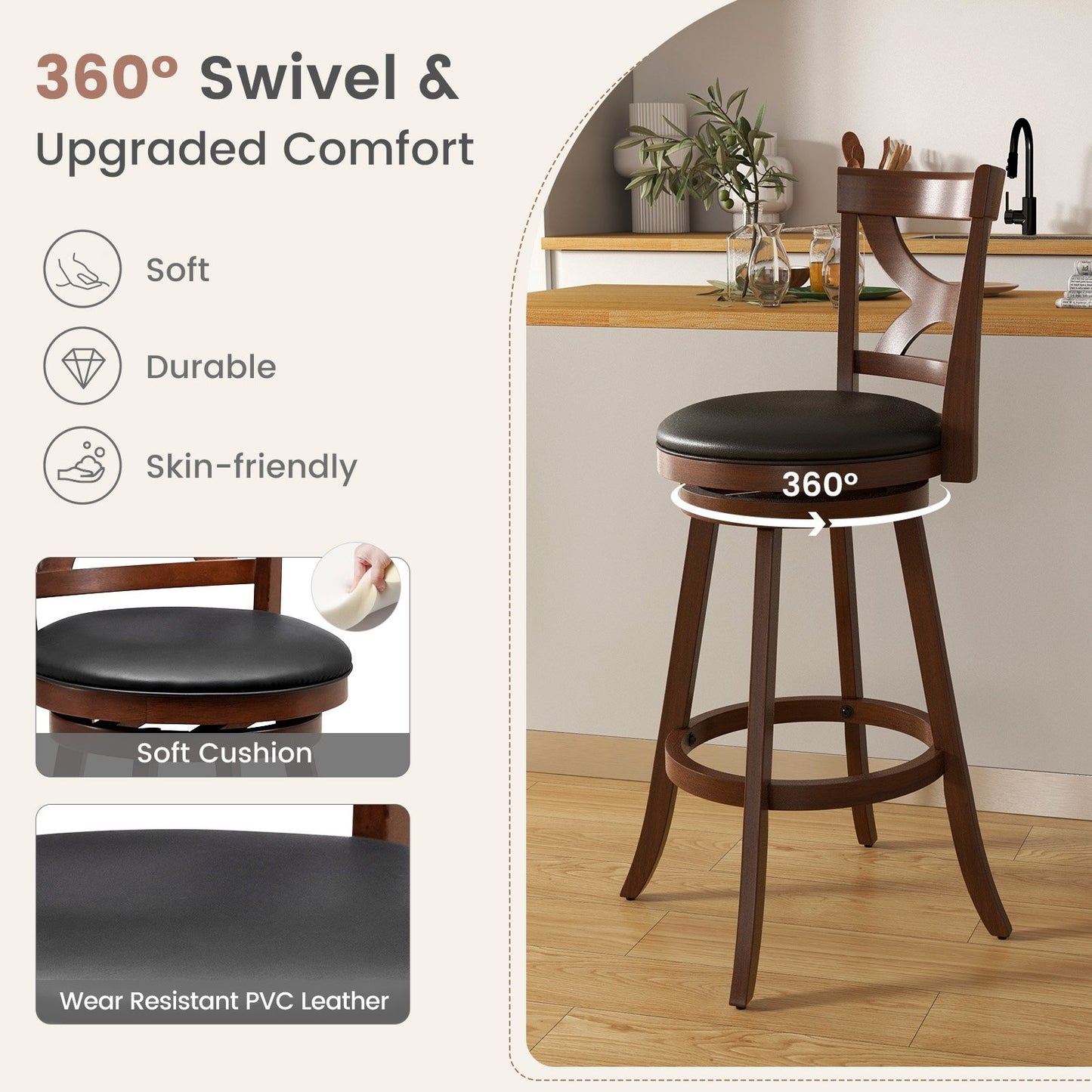 Swivel Bar Stools Set of 2 with Soft Cushion and Elegant Hollow Backrest-29 inches, Rustic Brown - Gallery Canada
