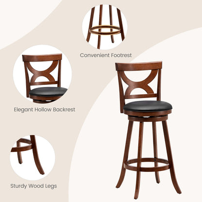 Swivel Bar Stools Set of 2 with Soft Cushion and Elegant Hollow Backrest-29 inches, Rustic Brown - Gallery Canada