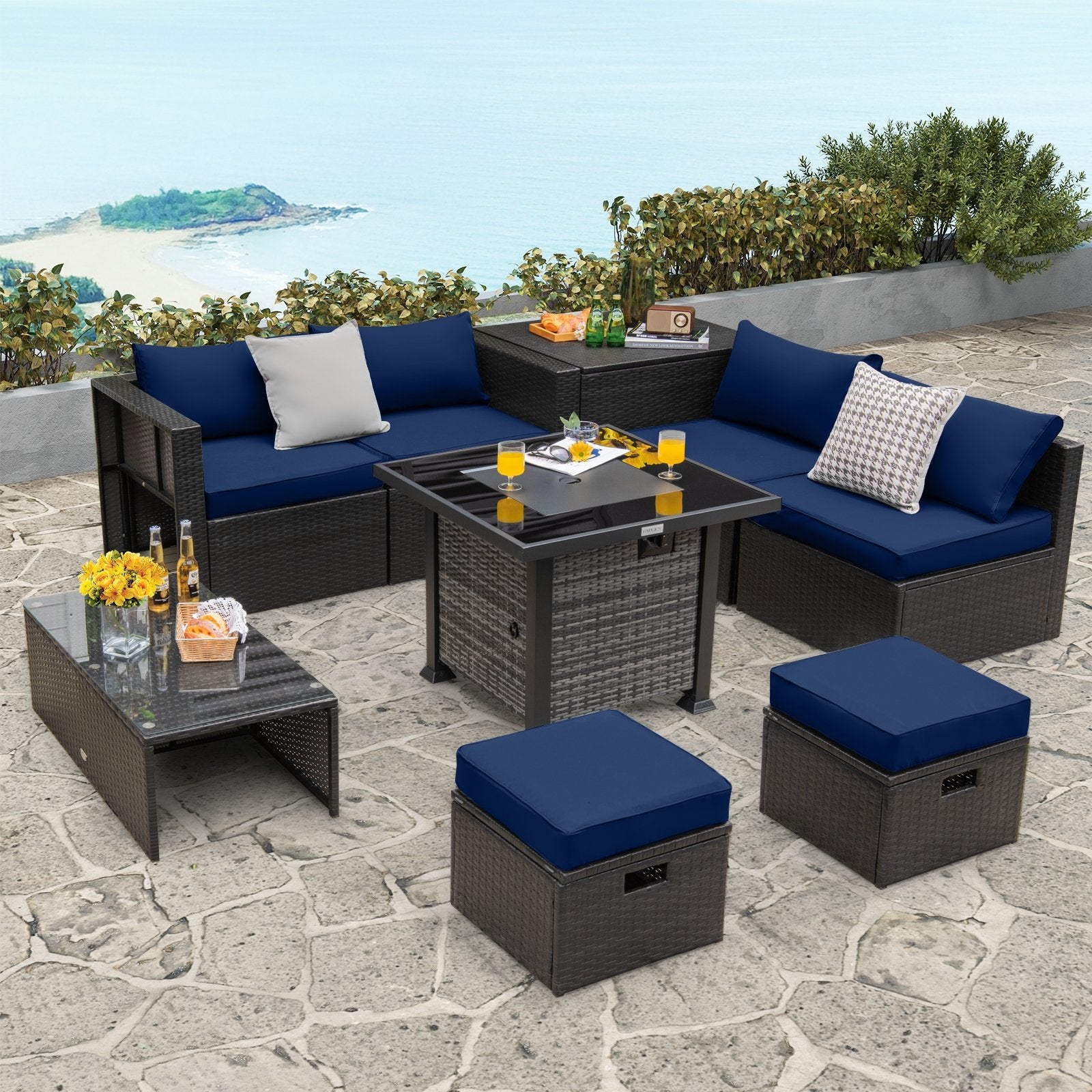 Outdoor 9 Pieces Patio Furniture Set with 50 000 BTU Propane Fire Pit Table, Navy Patio Conversation Sets   at Gallery Canada