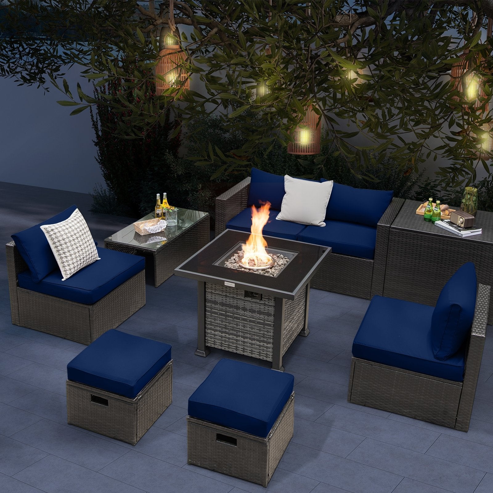 Outdoor 9 Pieces Patio Furniture Set with 50 000 BTU Propane Fire Pit Table, Navy Patio Conversation Sets   at Gallery Canada