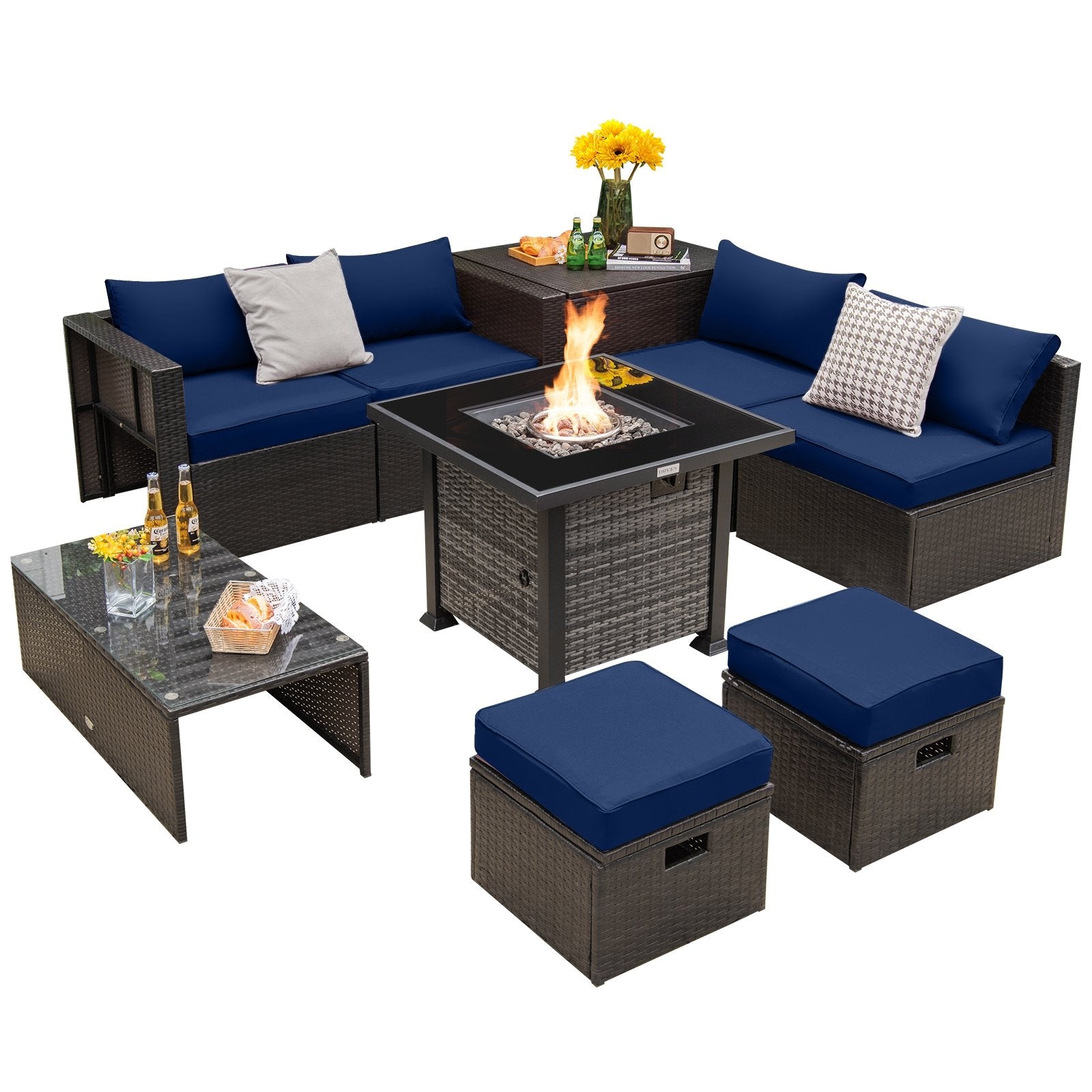 Outdoor 9 Pieces Patio Furniture Set with 50 000 BTU Propane Fire Pit Table, Navy Patio Conversation Sets   at Gallery Canada