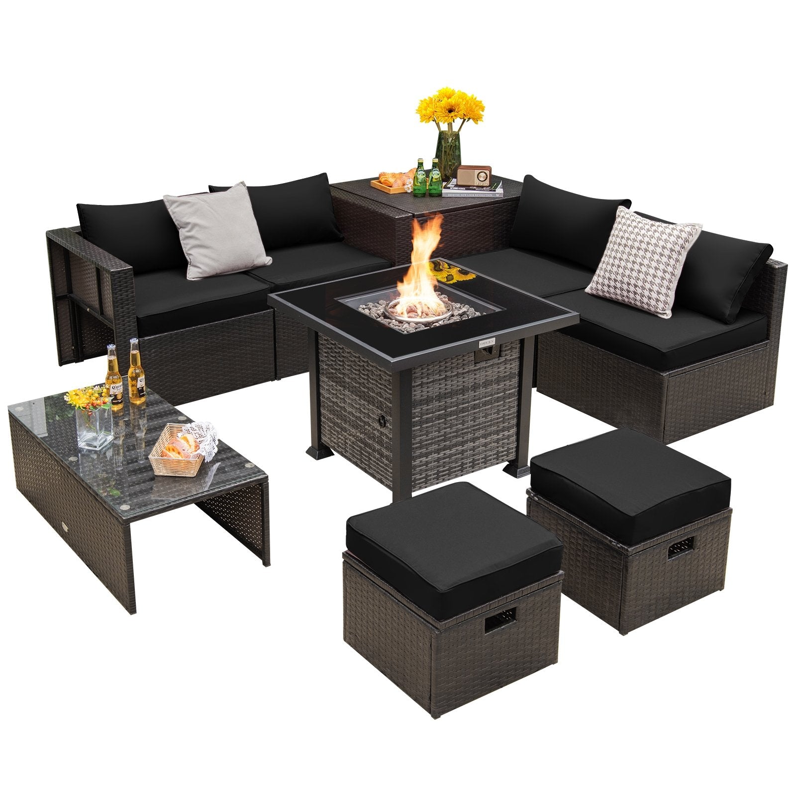 Outdoor 9 Pieces Patio Furniture Set with 50 000 BTU Propane Fire Pit Table, Black Patio Conversation Sets   at Gallery Canada