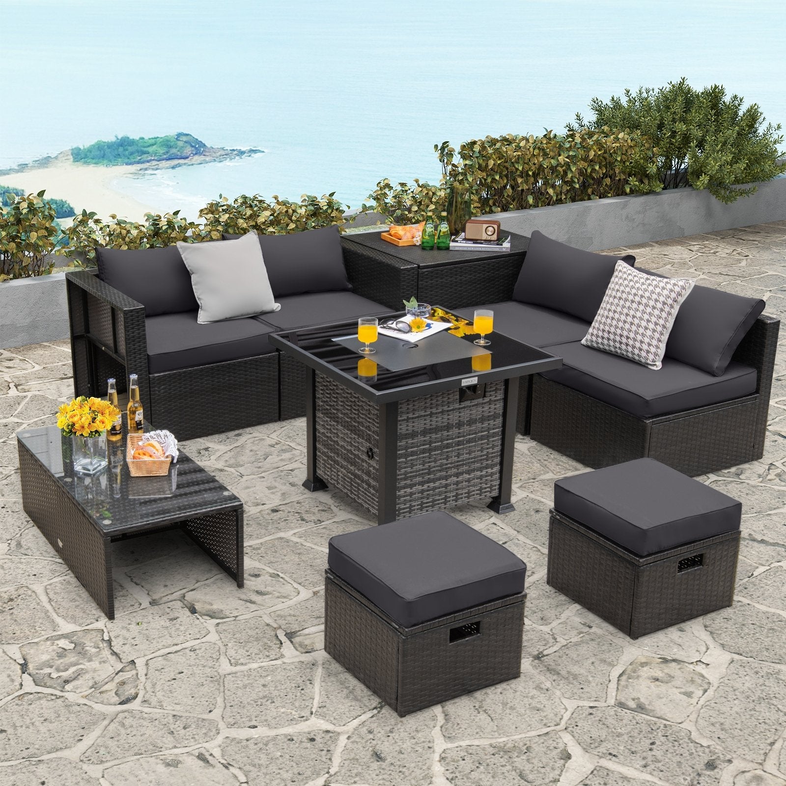 Outdoor 9 Pieces Patio Furniture Set with 50 000 BTU Propane Fire Pit Table, Gray Patio Conversation Sets   at Gallery Canada