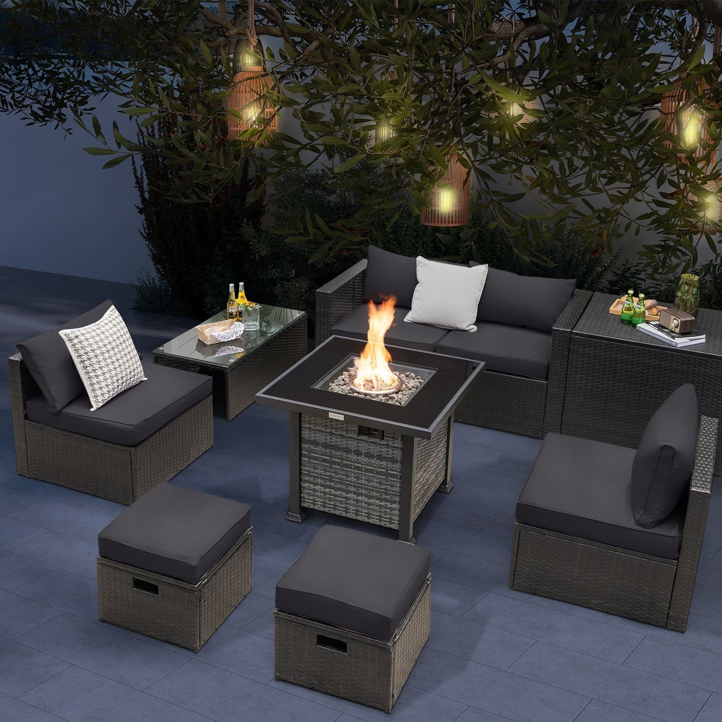 Outdoor 9 Pieces Patio Furniture Set with 50 000 BTU Propane Fire Pit Table, Gray Patio Conversation Sets   at Gallery Canada