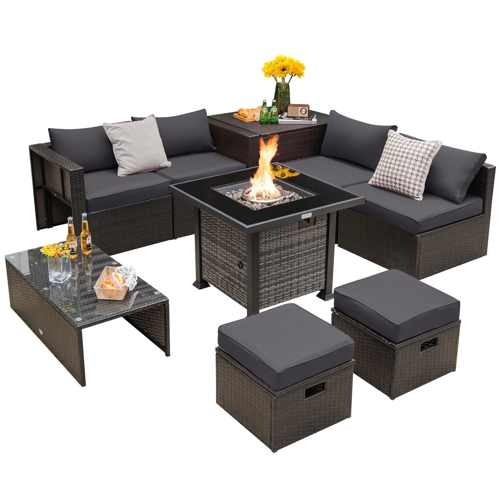 Outdoor 9 Pieces Patio Furniture Set with 50 000 BTU Propane Fire Pit Table, Gray Patio Conversation Sets   at Gallery Canada