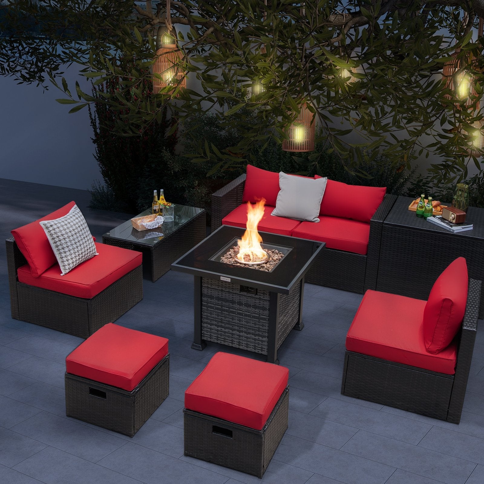 Outdoor 9 Pieces Patio Furniture Set with 50 000 BTU Propane Fire Pit Table, Red Patio Conversation Sets   at Gallery Canada