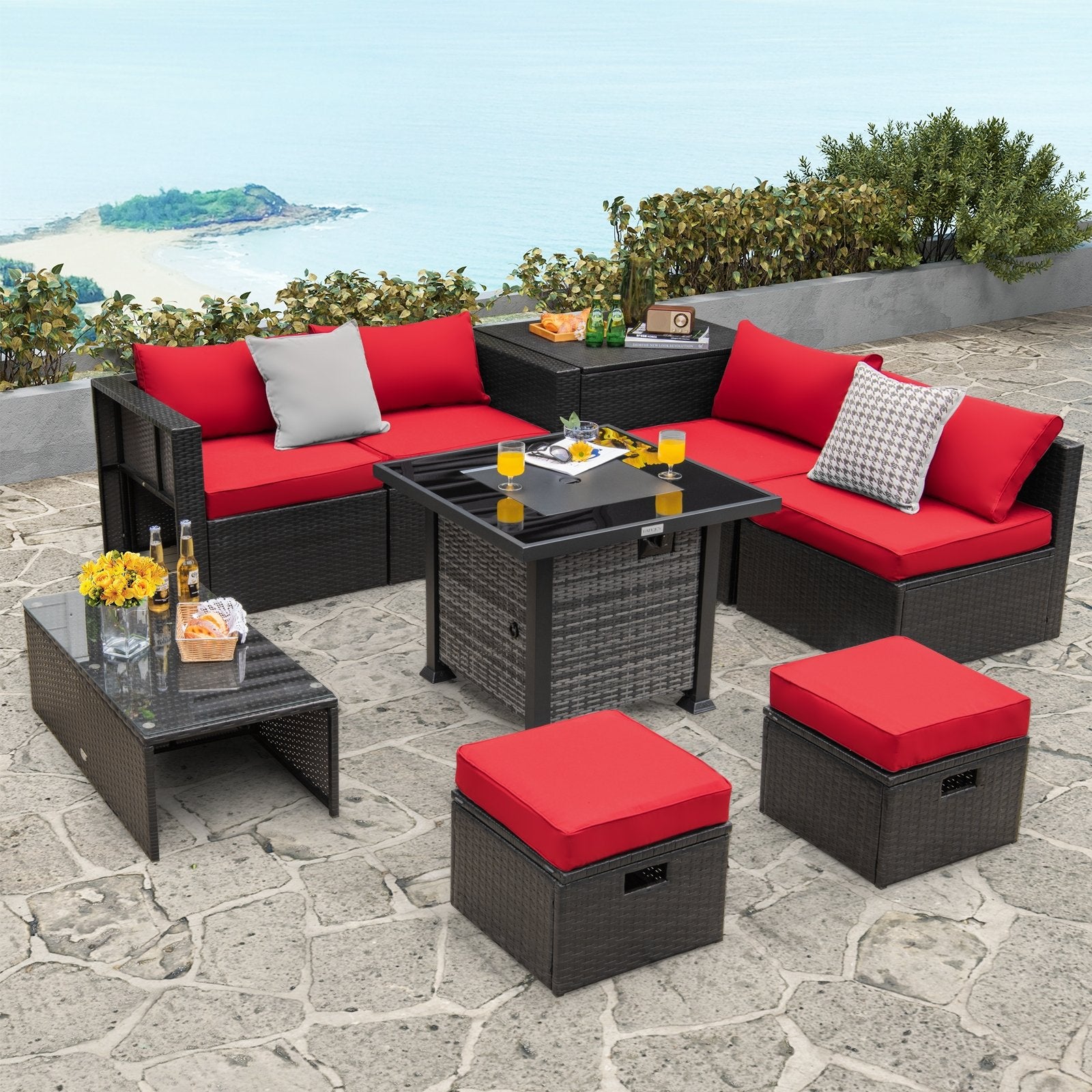 Outdoor 9 Pieces Patio Furniture Set with 50 000 BTU Propane Fire Pit Table, Red Patio Conversation Sets   at Gallery Canada