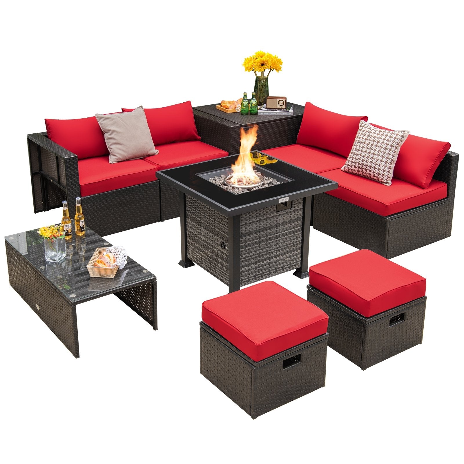 Outdoor 9 Pieces Patio Furniture Set with 50 000 BTU Propane Fire Pit Table, Red Patio Conversation Sets   at Gallery Canada