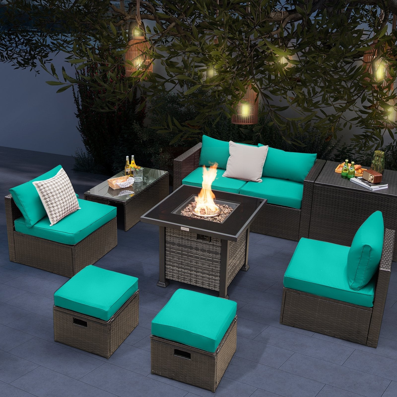 Outdoor 9 Pieces Patio Furniture Set with 50 000 BTU Propane Fire Pit Table, Turquoise Patio Conversation Sets   at Gallery Canada