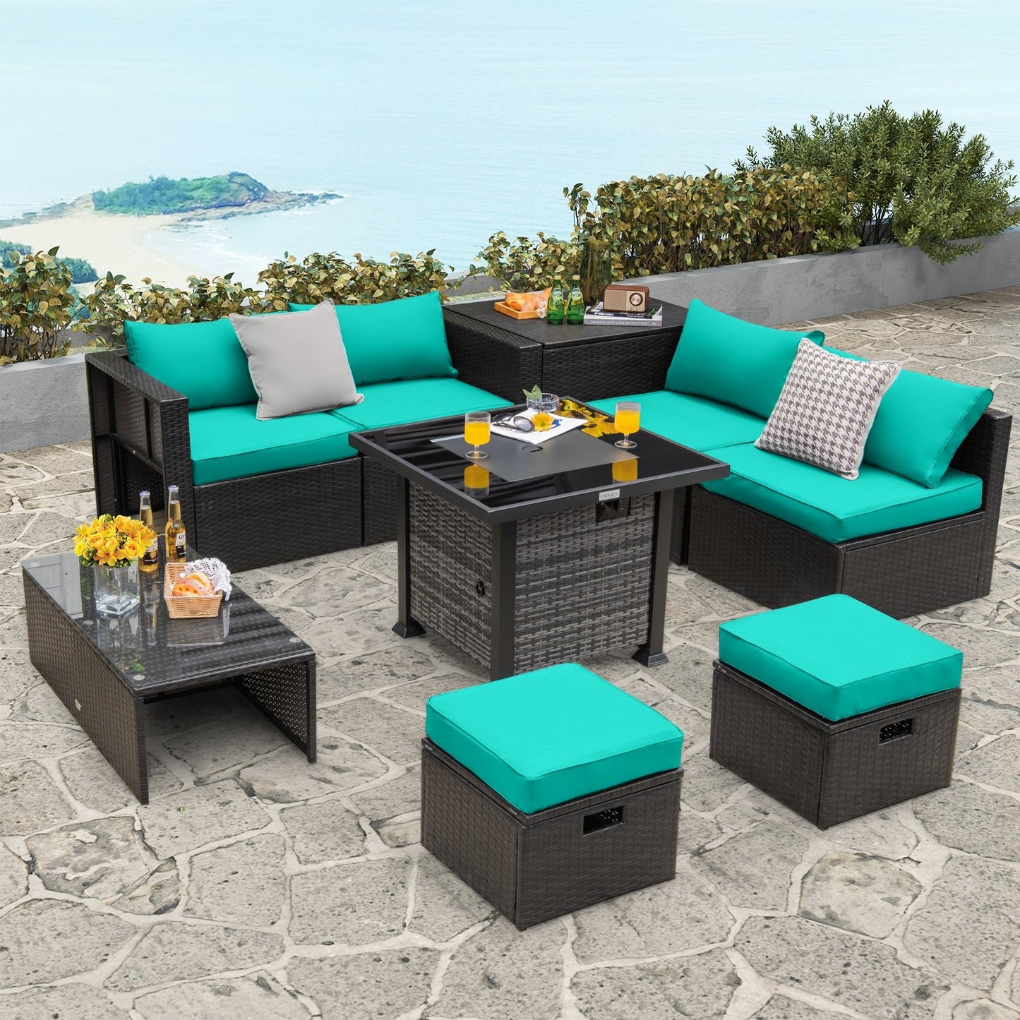 Outdoor 9 Pieces Patio Furniture Set with 50 000 BTU Propane Fire Pit Table, Turquoise Patio Conversation Sets   at Gallery Canada