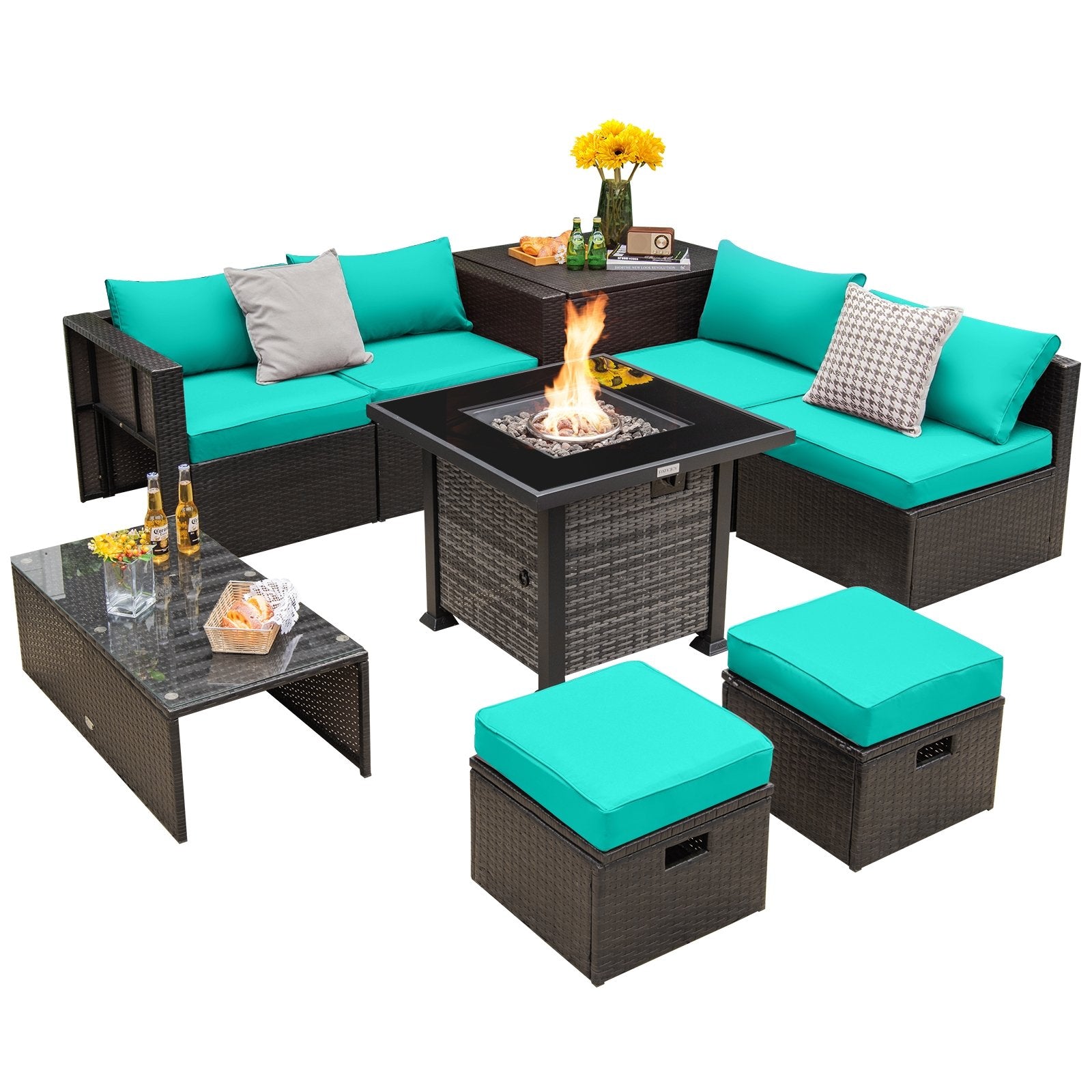 Outdoor 9 Pieces Patio Furniture Set with 50 000 BTU Propane Fire Pit Table, Turquoise Patio Conversation Sets   at Gallery Canada