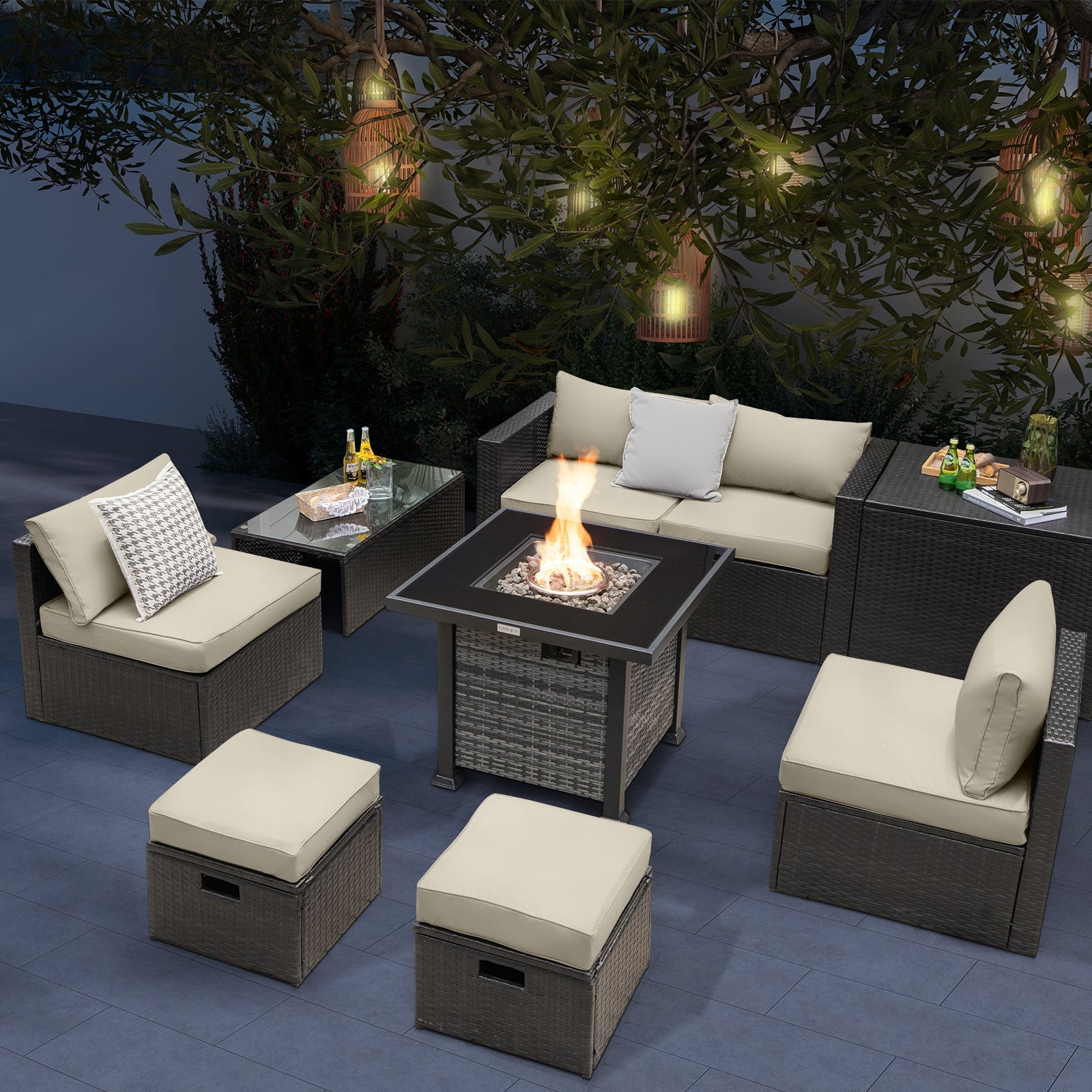 Outdoor 9 Pieces Patio Furniture Set with 50 000 BTU Propane Fire Pit Table, Off White Patio Conversation Sets at Gallery Canada