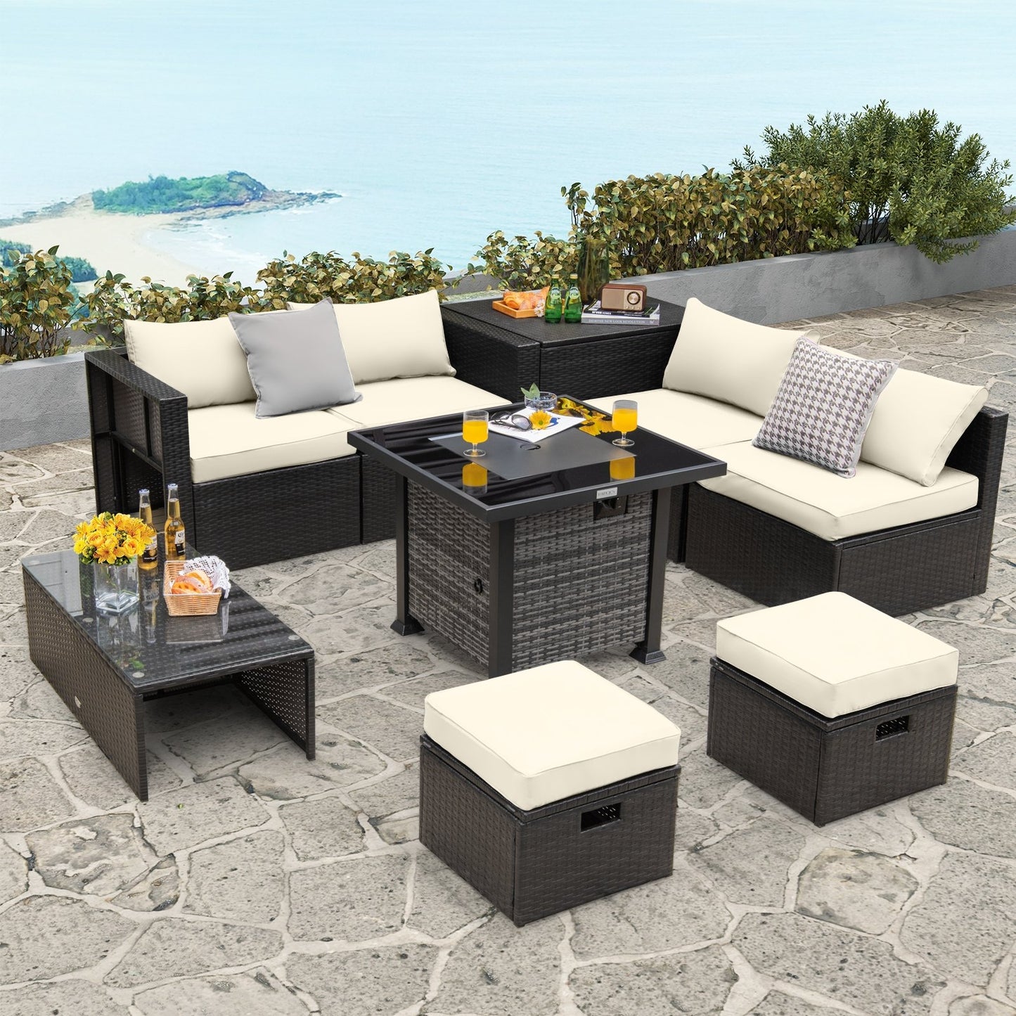 Outdoor 9 Pieces Patio Furniture Set with 50 000 BTU Propane Fire Pit Table, Off White Patio Conversation Sets   at Gallery Canada