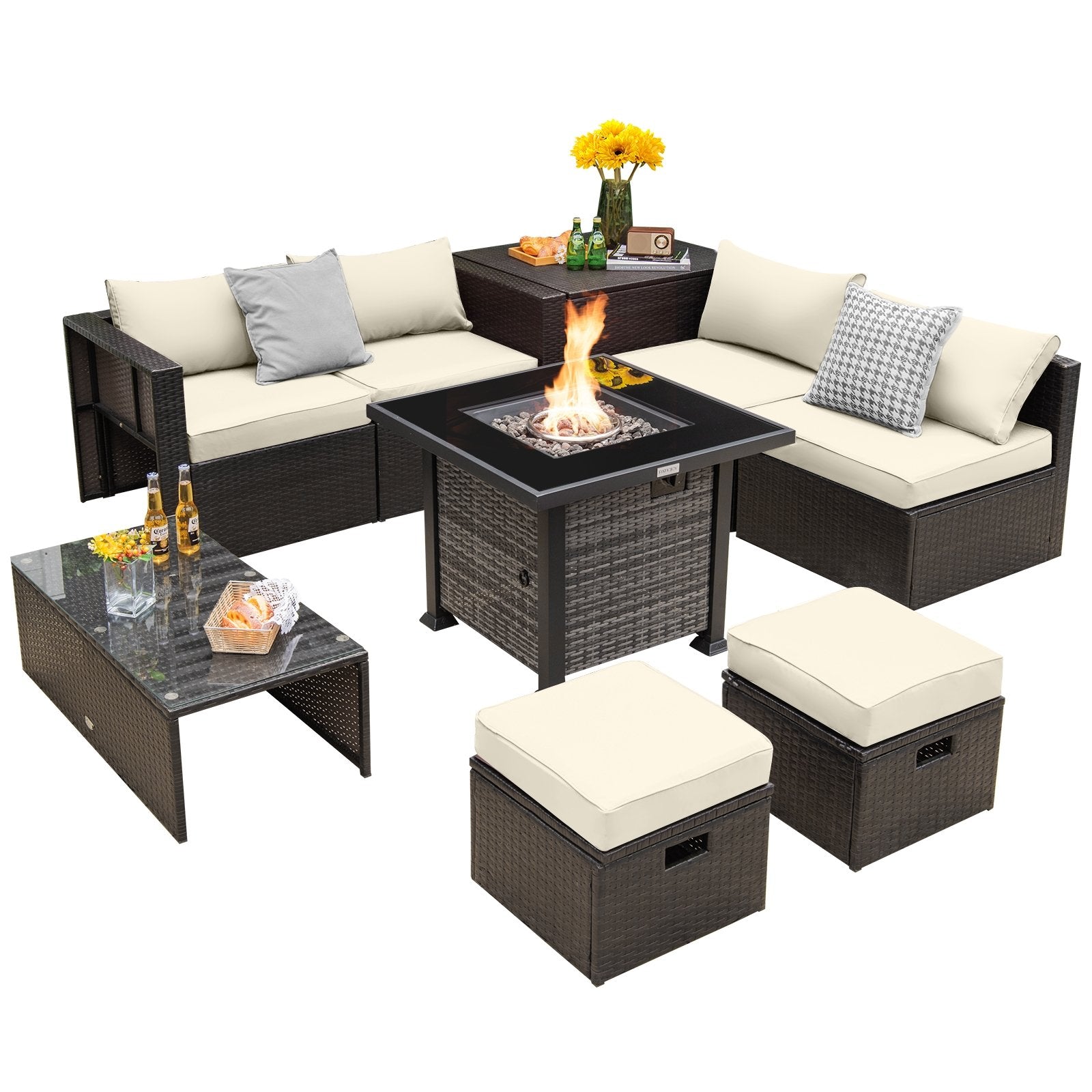 Outdoor 9 Pieces Patio Furniture Set with 50 000 BTU Propane Fire Pit Table, Off White Patio Conversation Sets   at Gallery Canada