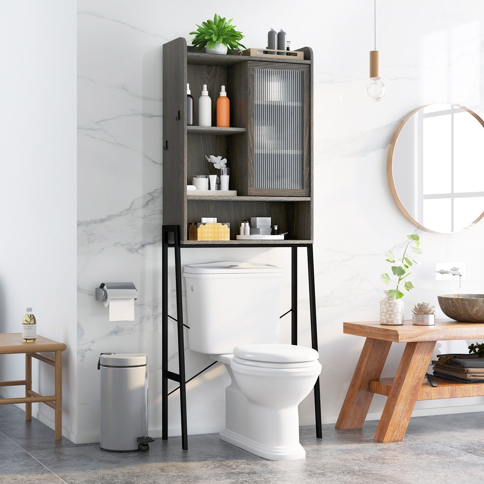 Over the Toilet Storage Cabinet with Sliding Acrylic Door and Adjustable Shelves, Gray Bathroom Etagere   at Gallery Canada