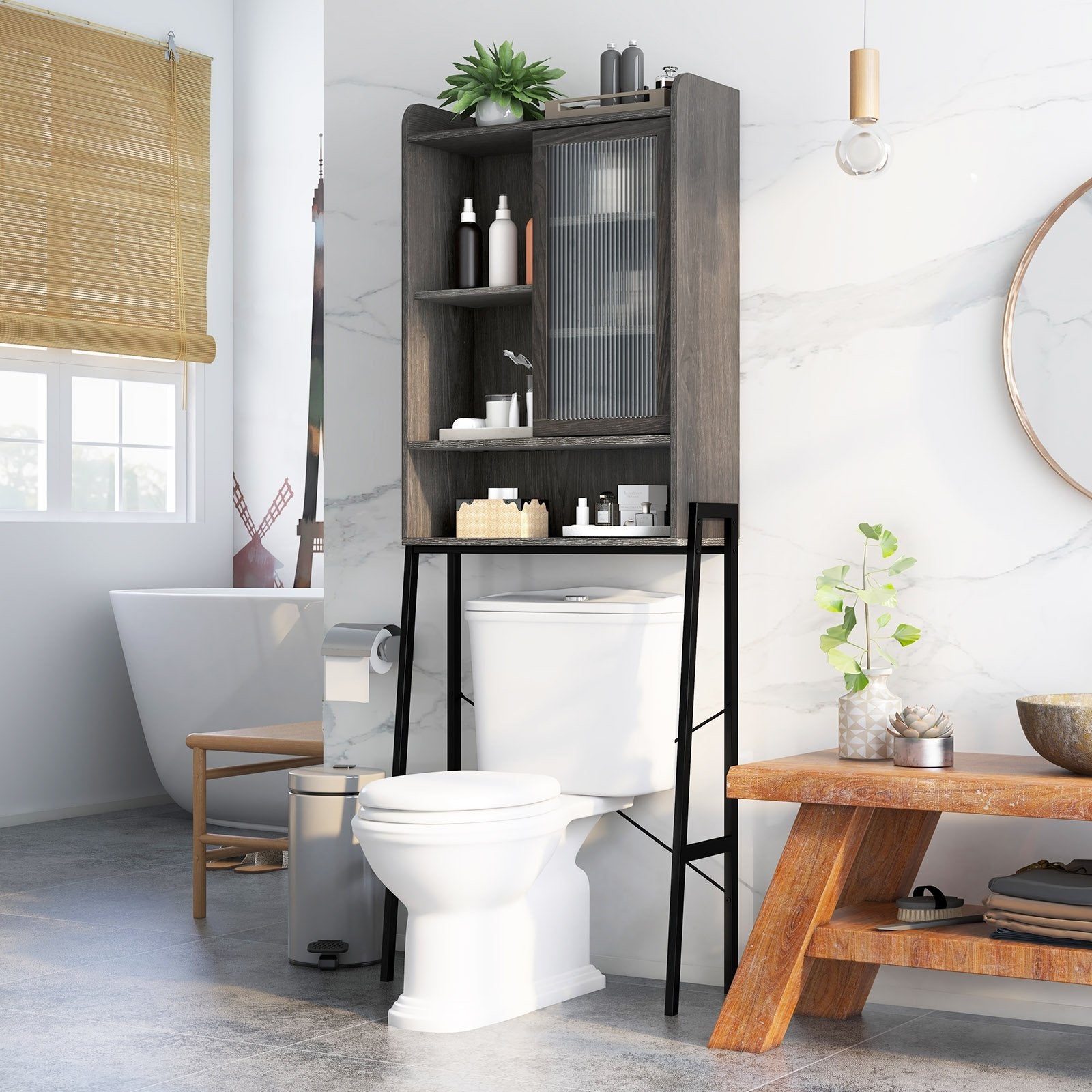 Over the Toilet Storage Cabinet with Sliding Acrylic Door and Adjustable Shelves, Gray Bathroom Etagere   at Gallery Canada