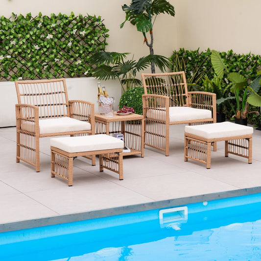 5 Piece Patio Wicker Sofa Set with Seat and Back Cushions, Natural Patio Conversation Sets   at Gallery Canada