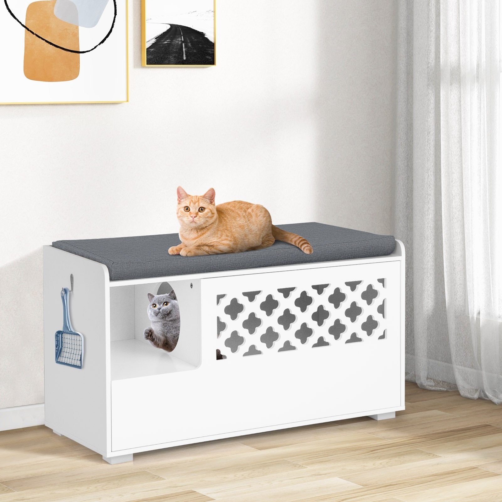 Cat Litter Box Enclosure with Removable Cushion and Front Open Door, White Cat Houses   at Gallery Canada