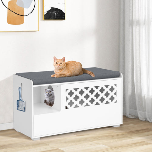 Cat Litter Box Enclosure with Removable Cushion and Front Open Door, White