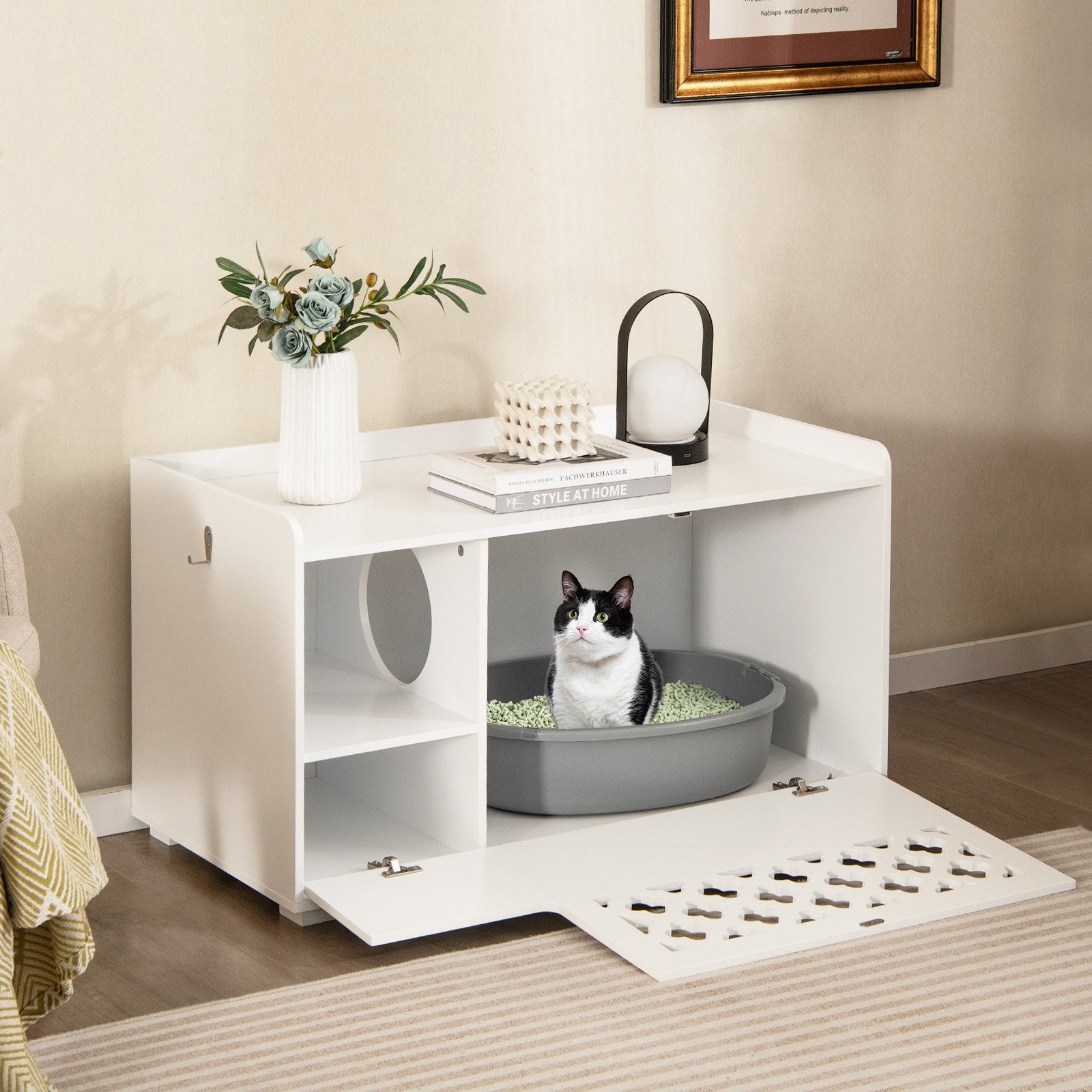 Cat Litter Box Enclosure with Removable Cushion and Front Open Door, White Cat Houses   at Gallery Canada