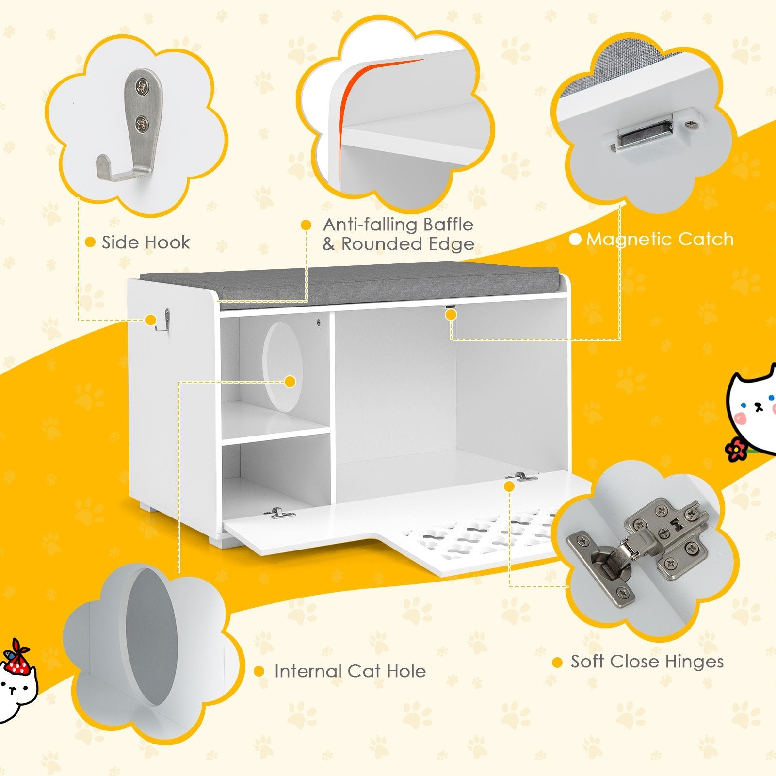 Cat Litter Box Enclosure with Removable Cushion and Front Open Door, White Cat Houses   at Gallery Canada