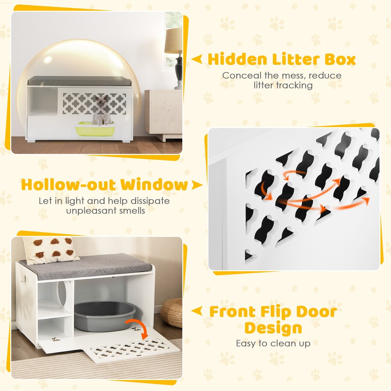 Cat Litter Box Enclosure with Removable Cushion and Front Open Door, White Cat Houses   at Gallery Canada