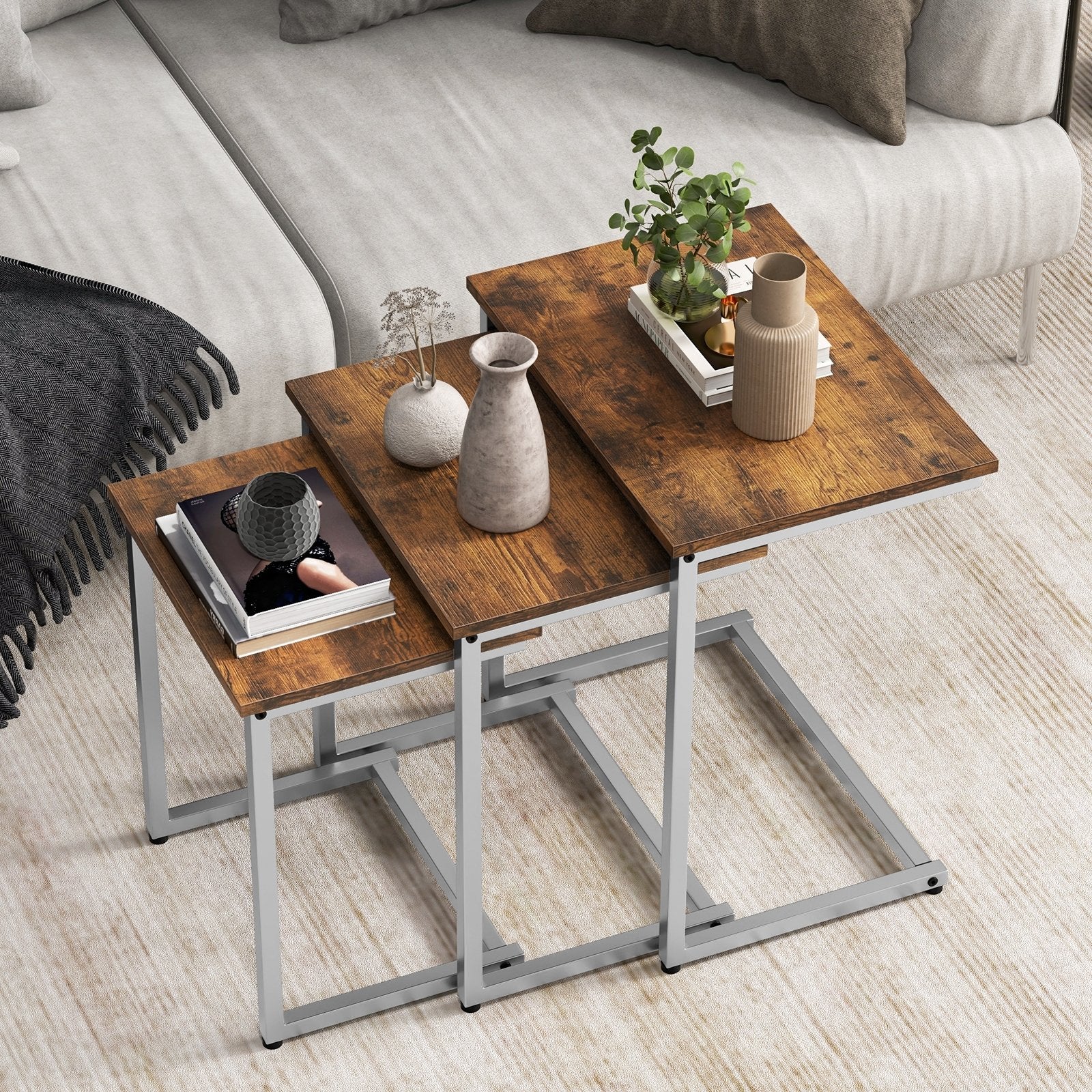 3 Pieces Multifunctional Coffee End Table Set, Rustic Brown End & Side Tables   at Gallery Canada