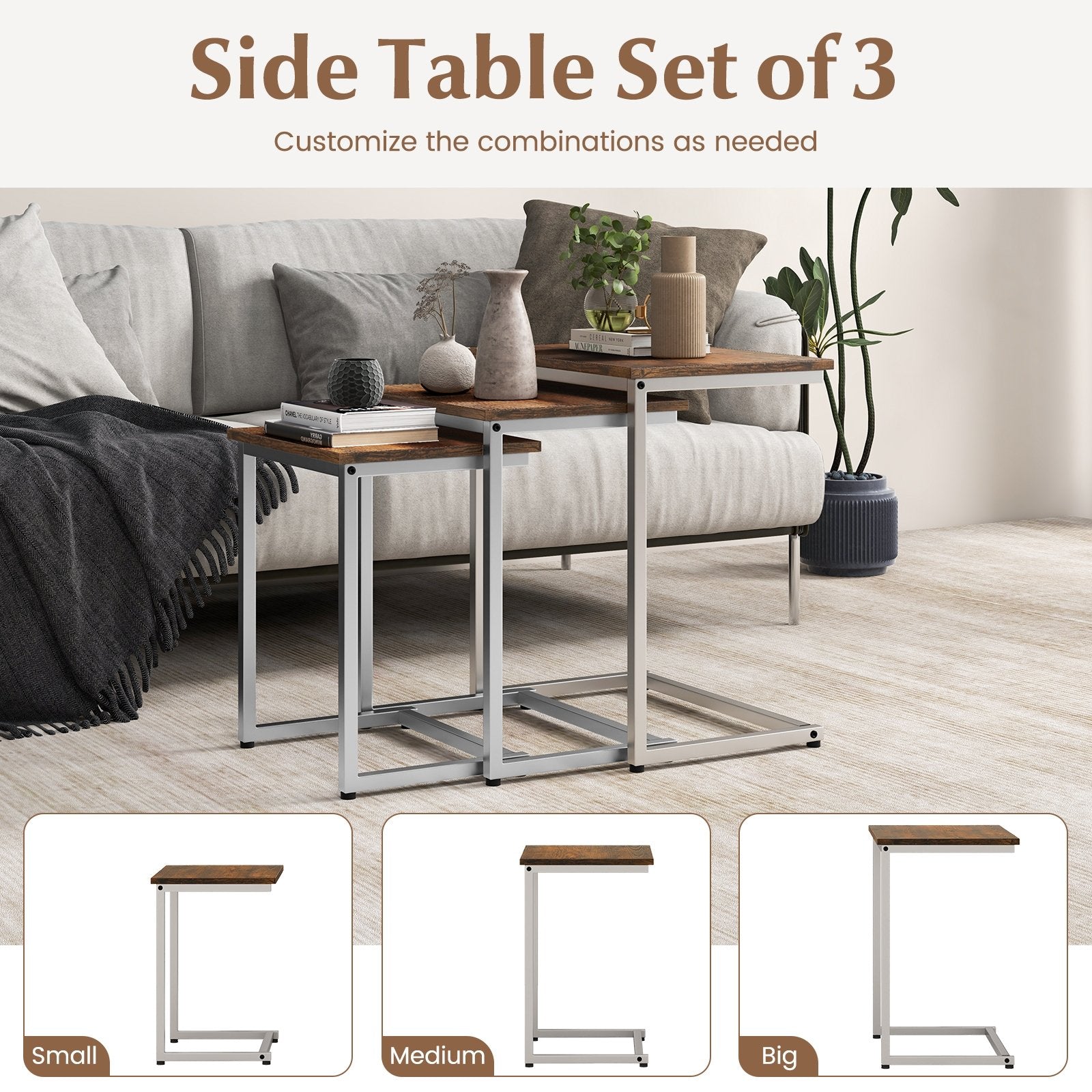 3 Pieces Multifunctional Coffee End Table Set, Rustic Brown End & Side Tables   at Gallery Canada