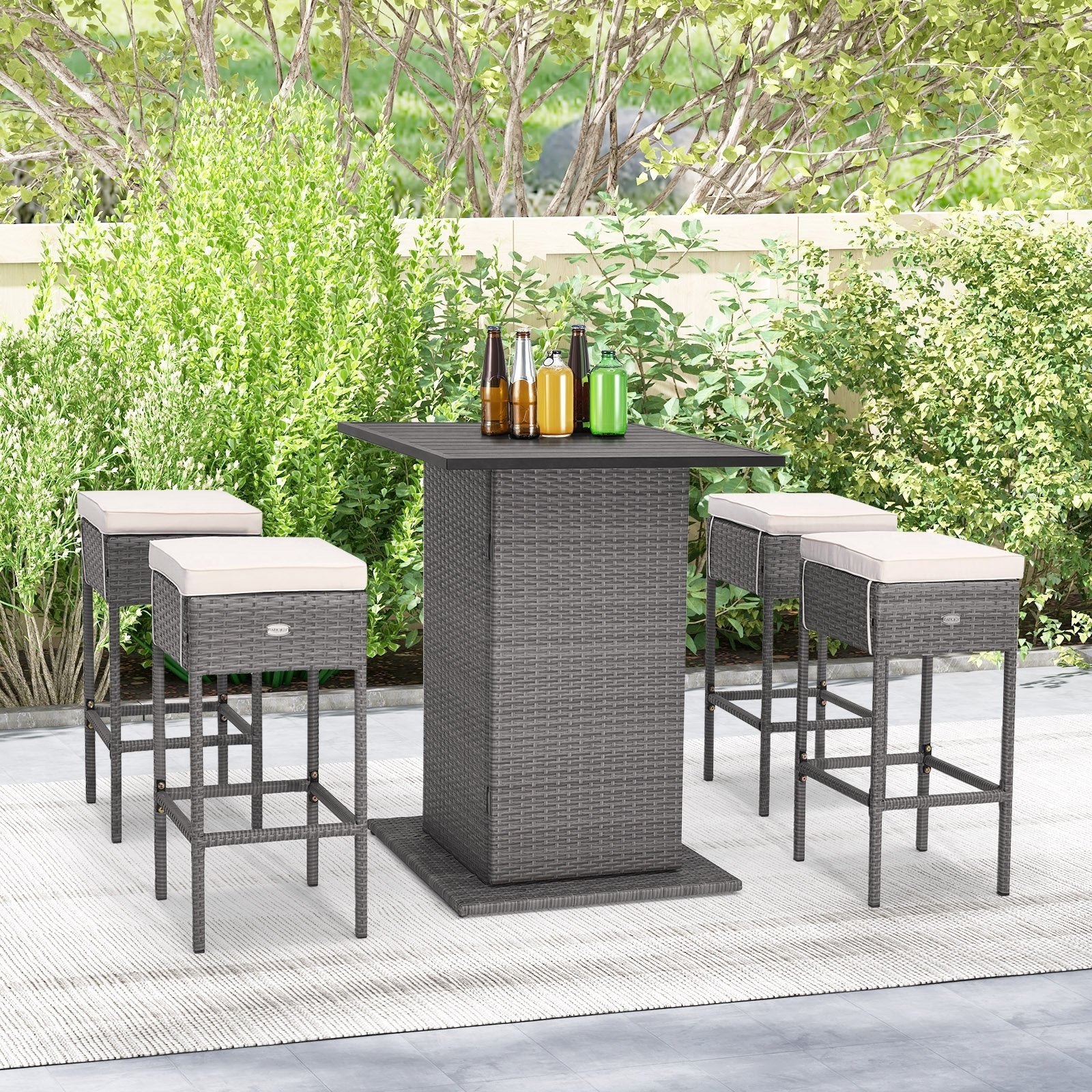 5 Pieces Outdoor Wicker Bar Table Set with Hidden Storage Shelves, Beige Patio Bar Furniture   at Gallery Canada