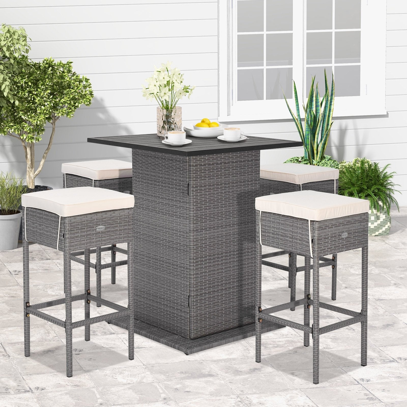 5 Pieces Outdoor Wicker Bar Table Set with Hidden Storage Shelves, Beige Patio Bar Furniture   at Gallery Canada